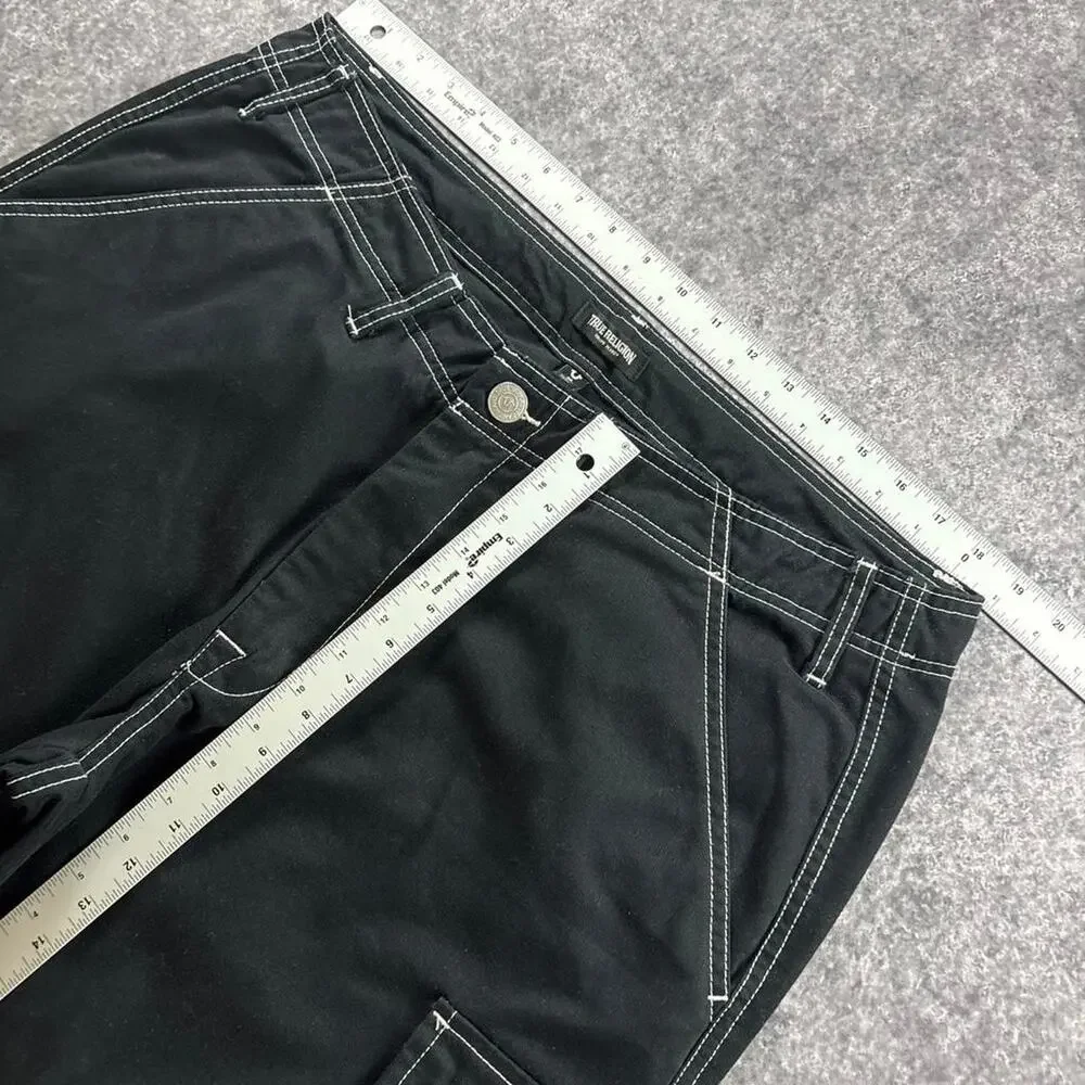 True Religion Men’s 36 Black Baggy Cargo Pants White Stitch Y2K Streetwear